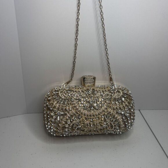 Designer Gold Jeweled Rhinestone Studded Evening Chain Clutch Purse Womens - Picture 3 of 8